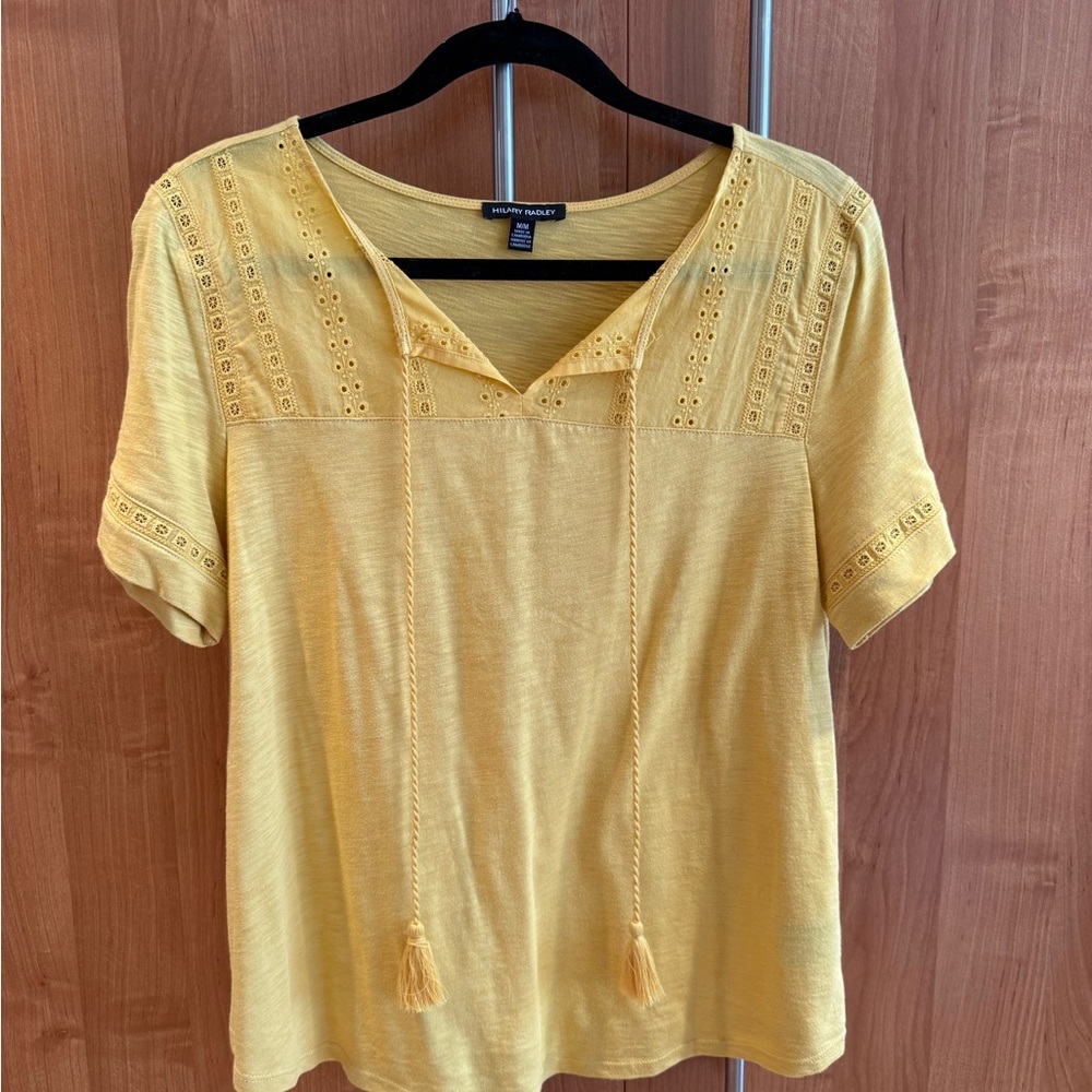 Hilary Radley Yellow Embroidered Tassel Top, Size M